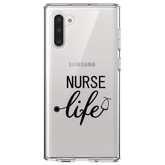 DistinctInk Clear Shockproof Hybrid Case for Samsung Galaxy Note 10 (6.3" Screen) - TPU Bumper Acrylic Back Tempered Glass Screen Protector - Nurse Life Stethoscope Black