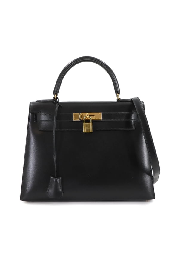 Pre-Owned Hermes Herms Kelly 28 Black Box Calf Leather with External Stitching,...