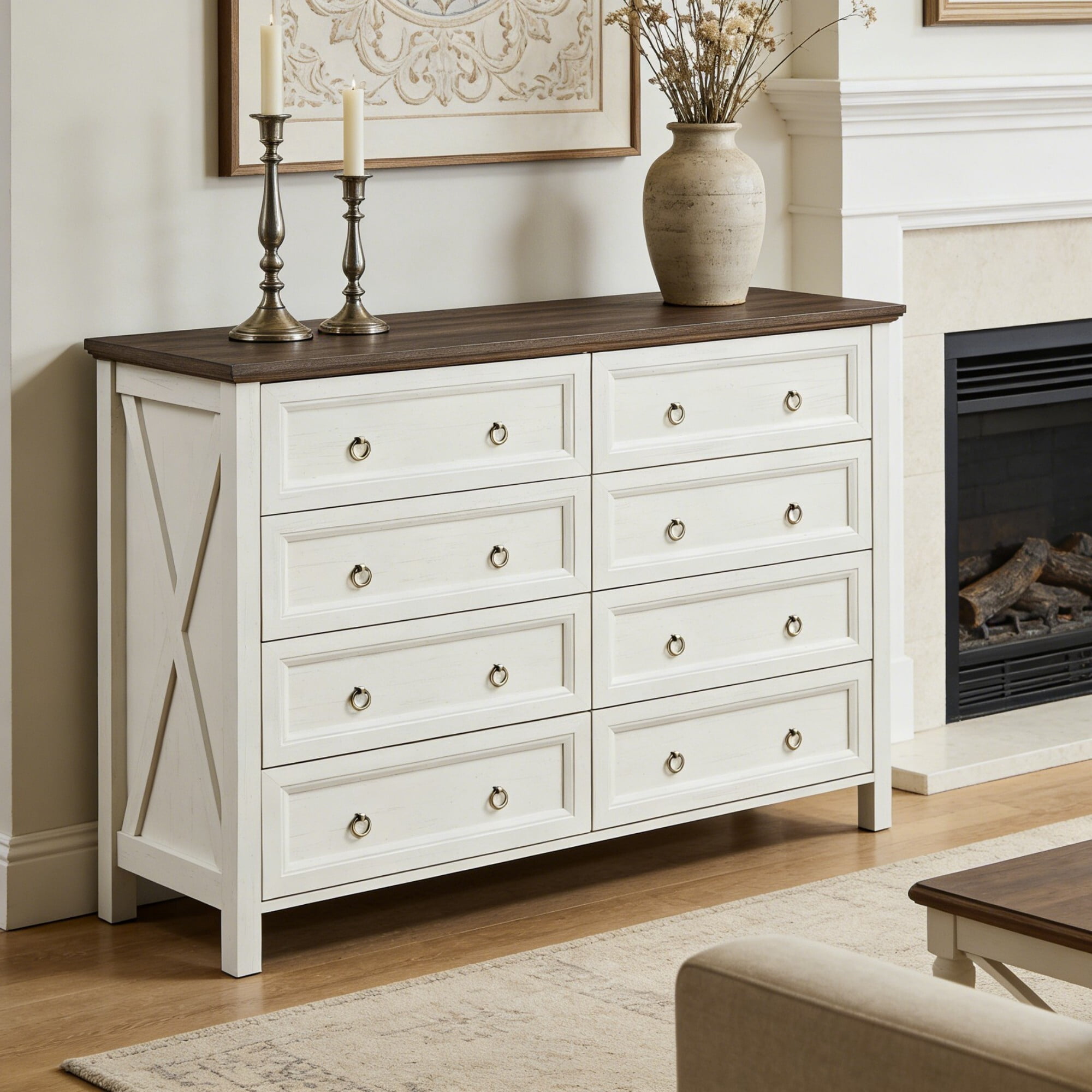 DEALTOPS 8-Drawer Farmhouse Dresser, 54" Wide Wood Storage Chest Bedroom Organizer with Metal Handles, White