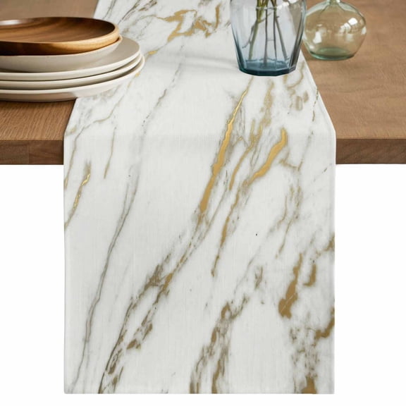 Golden Marble Table Runner, Abstract Modern Minimalist Art Washable Cotton Linen Table Runners 72 Inches Long, Dresser Scarf Runner for Dining/Coffee/Kitchen/TV Stands/Cabinets 14''x72''