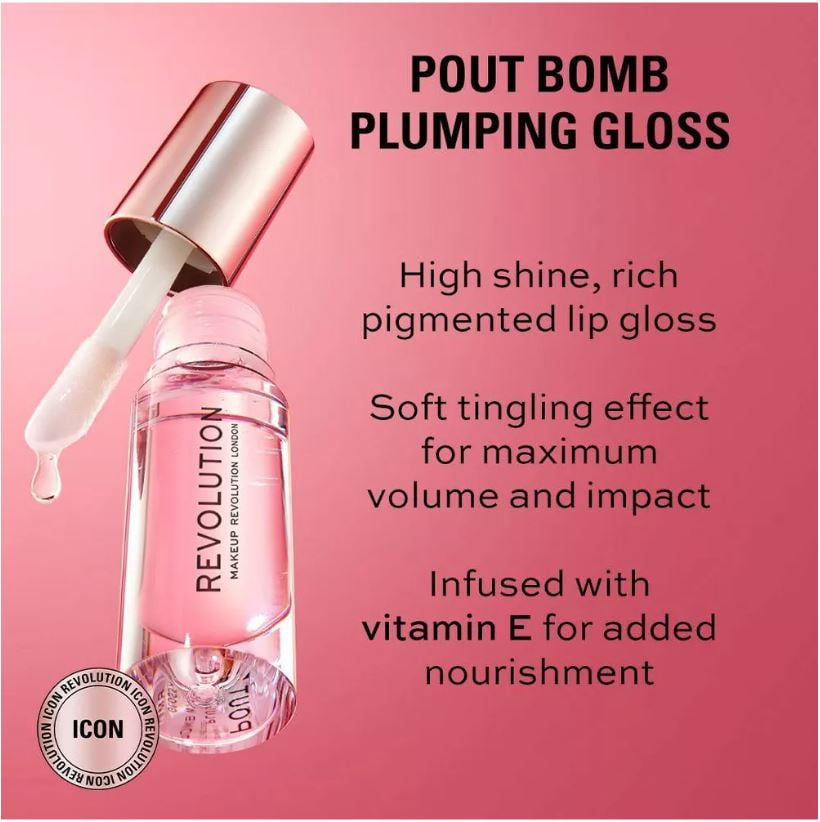 Revolution Pout Bomb Plumping High-Shine Lip Gloss with Vitamin E, Cookie Warm Nude