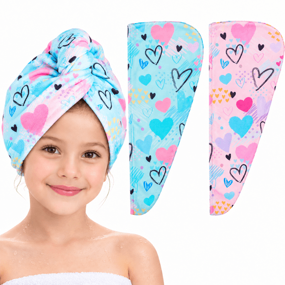 Microfiber Hair Towel Wrap for Kids 2 Pack Rapid Drying Hair Towel with Button Hair Turbans for Wet Hair Wraps Head Towel Wrap for Women and Girls