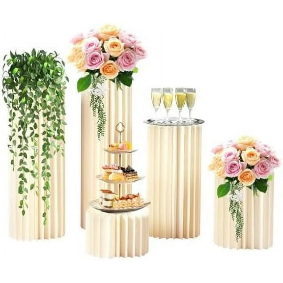 Foldable Paper Columns Display Pedestals Stands 5pcs Wedding Centerpieces Cardboard Vases Flower Vase Flowers Stand Elegant Weddings Decoration Table Cylinder Centerpiece Stand Cream White