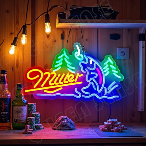 Queen Sense 16"x10" Millers Lite Hooked Fish Trees LED Neon Sign for Wall Decor Dimmable USB Powered LED Light W116MLHFT-5VLED