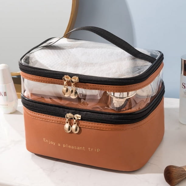 Bolsa de cosméticos de doble capa, color sólido, PU, transparente, lavable, portátil, INS, moda, impermeable, bolsa de viaje portátil de gran capacidad, bolsa de almacenamiento