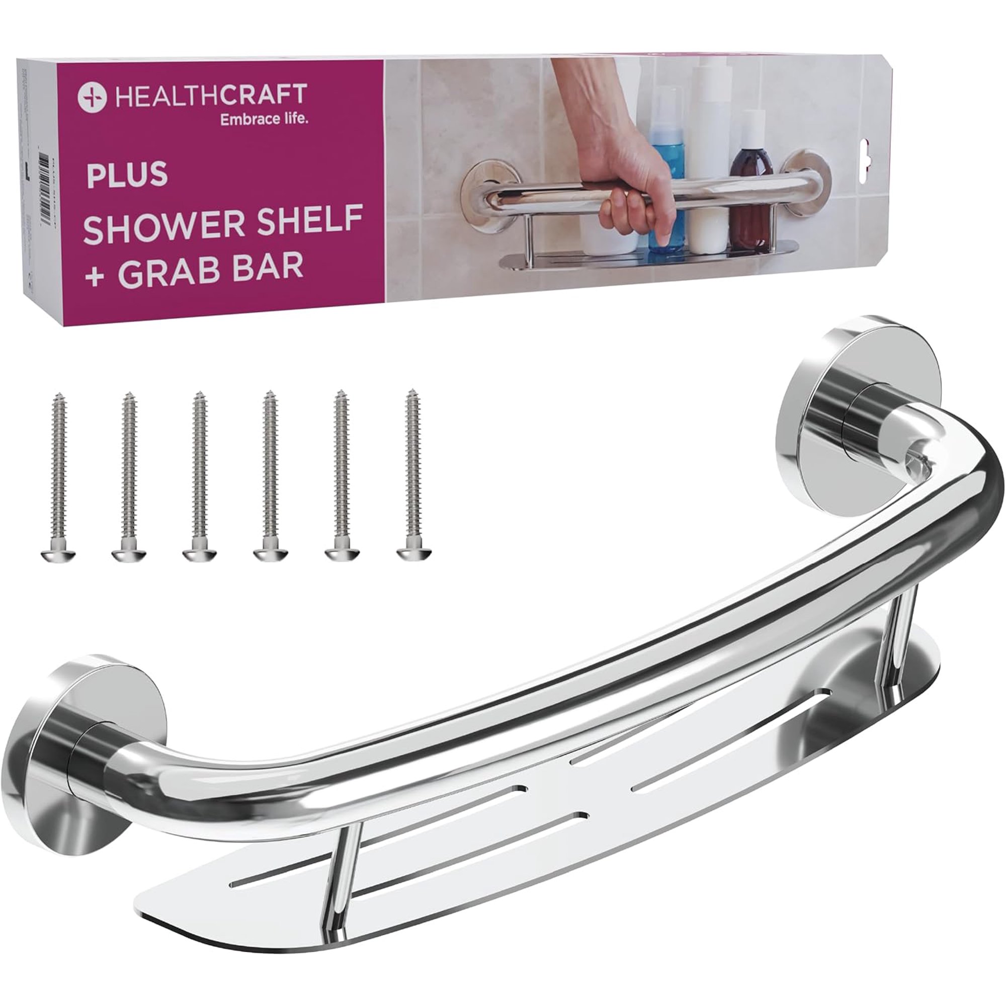 WENKE Plus Shampoo Shelf & Grab Bar 16", ADA Safety - Polished Chrome