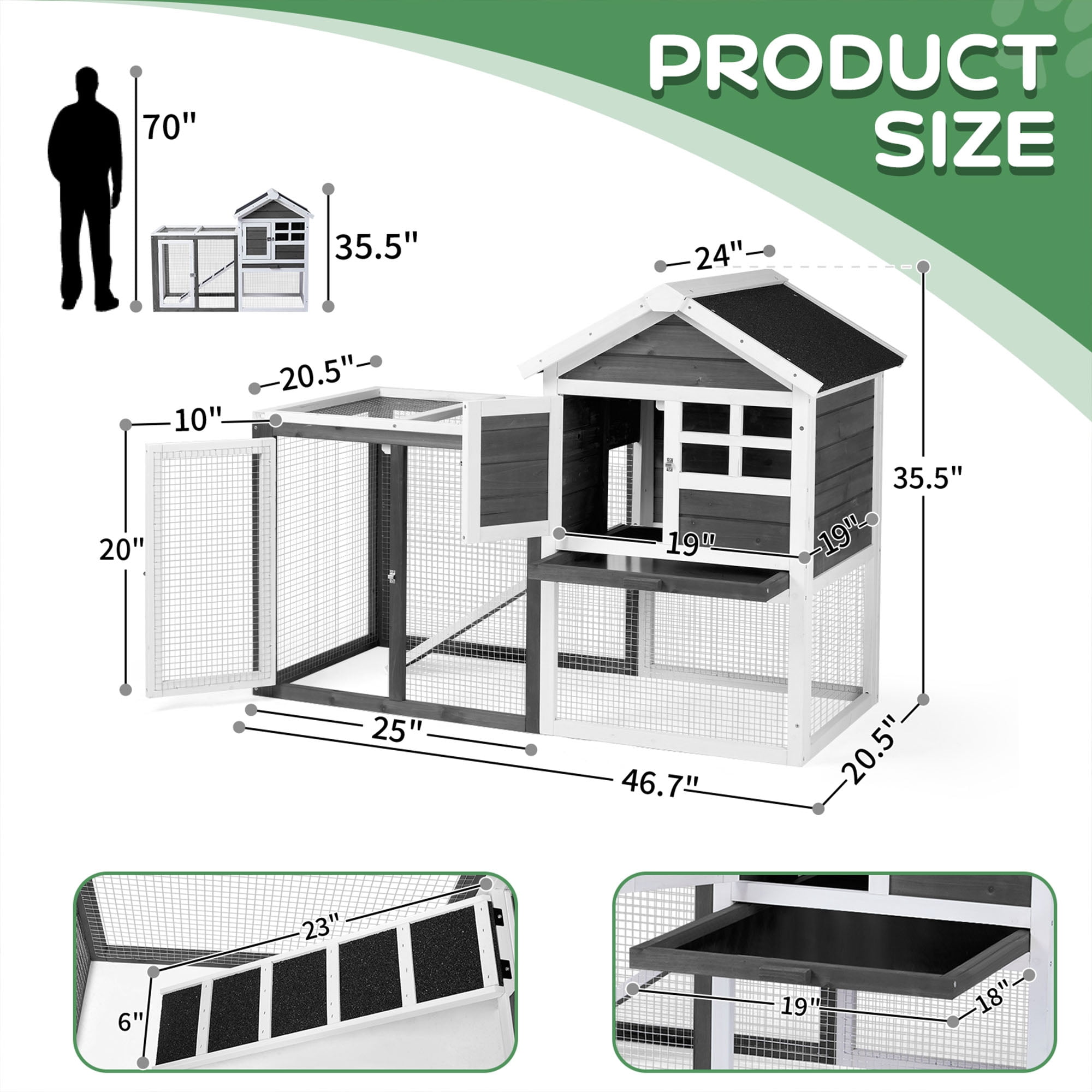 Pefilos 46" Wood Rabbit Hutch for Outdoor, Large Rabbit Cages for Indoor with Run Small Animal House Chicken Coop, Gray
