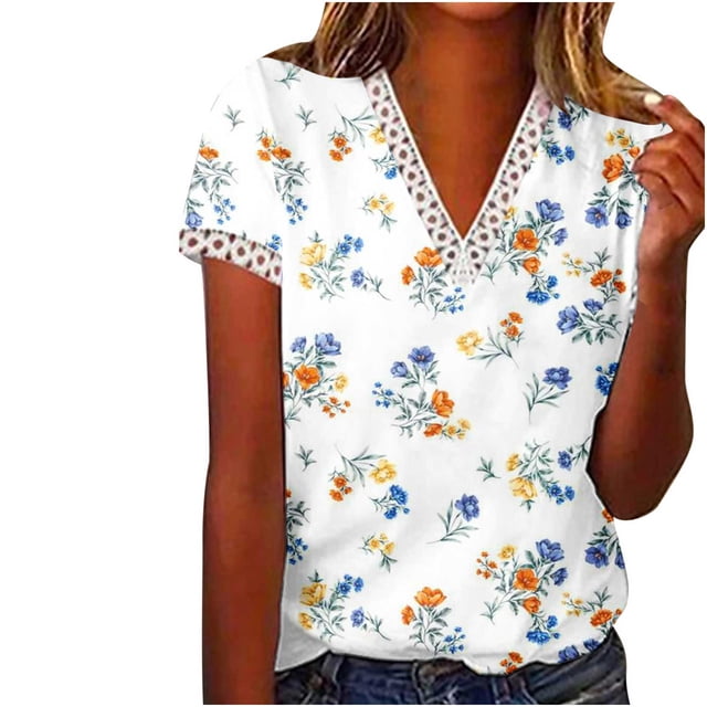 Birdeem Mode Femmes Été Col en V Manches Courtes T-Shirt Imprimé Décontracté Blouse