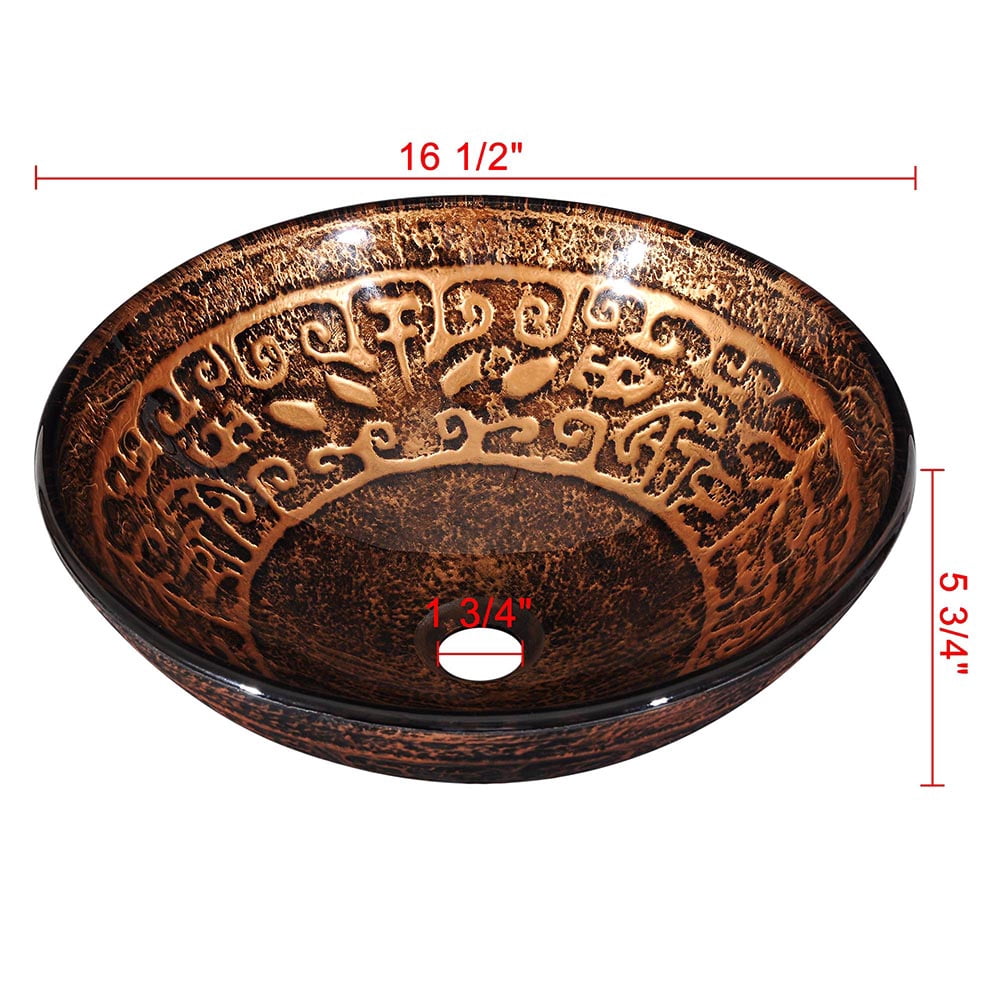 Aquaterior Tempered Glass Round Vessel Sink Antique Totem Pattern Above Counter Bathroom Lavatory Vanity Bowl Basin