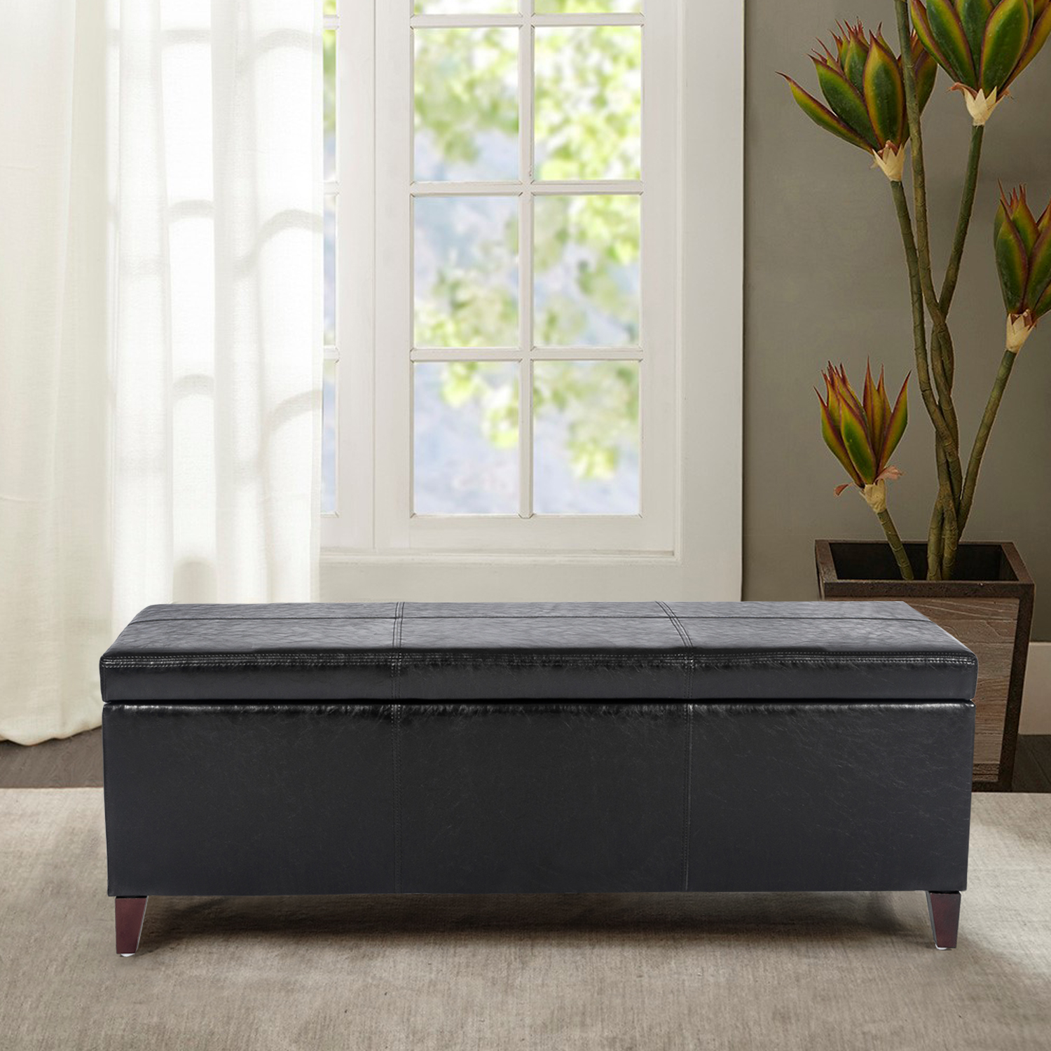 Joveco PU Leather Rectangular Storage Bench Ottoman Foot Rest Stool,Black