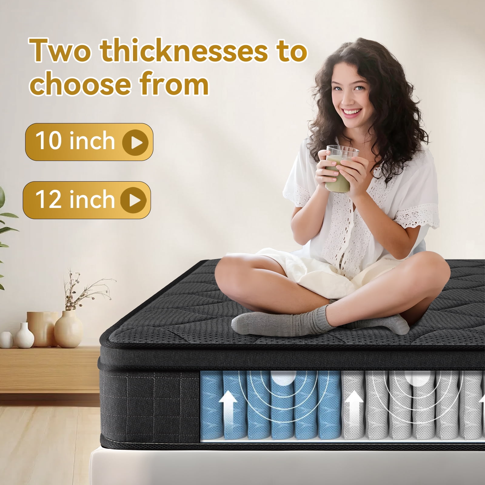 VFD 10 inch Queen Size Hybrid Mattress - Medium Firm, Memory Foam & Pocket Springs, Motion Isolation, Edge Support, Pressure Relief, Ship Compressed