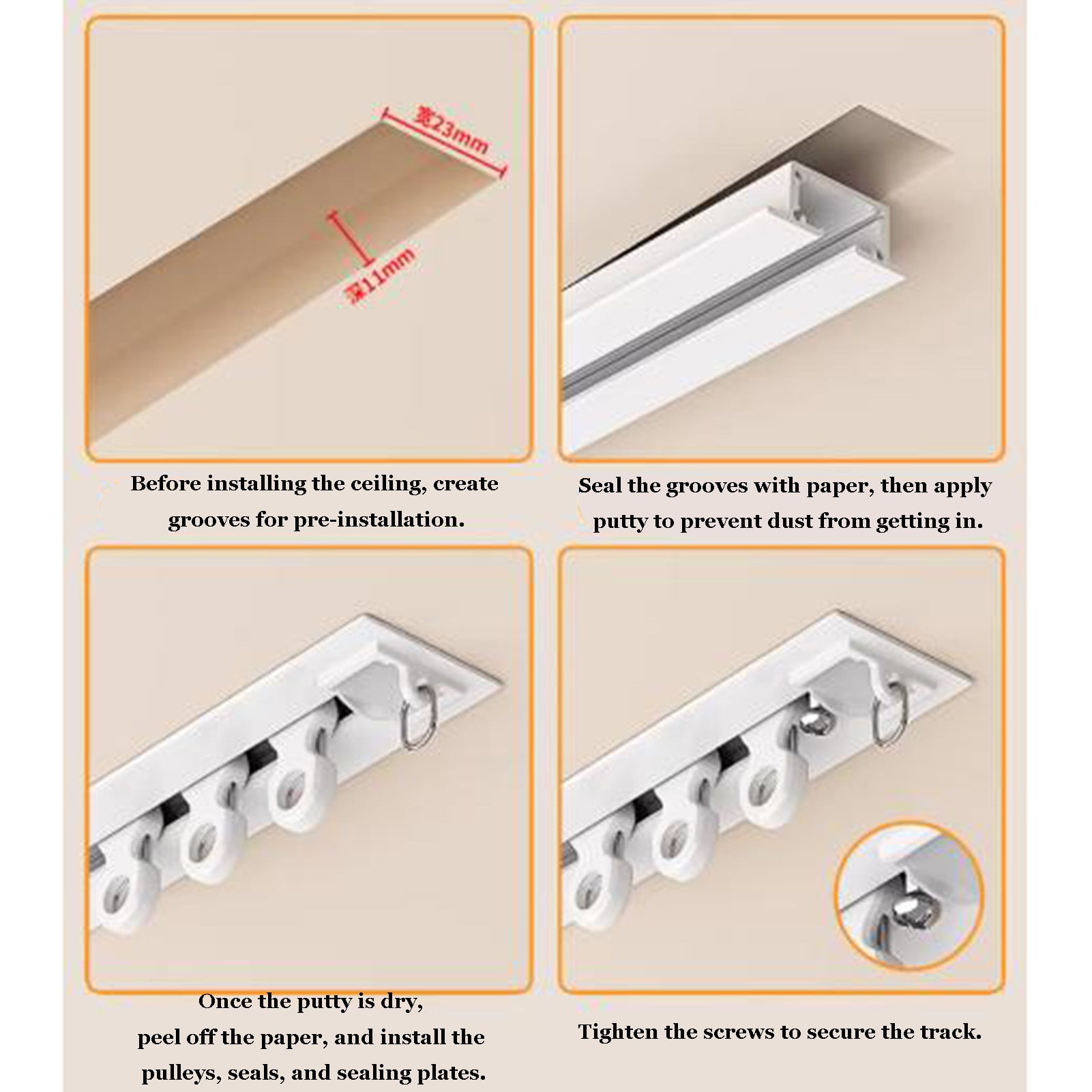 Ceiling rail curtains, recessed invisible curtain rail, with silent rollers, metal rail system for bedroom, privacy screen, dressing room, room divider