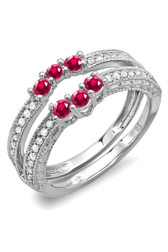 Collection 10K Round Ruby And White Diamond Ladies Anniversary Wedding Band Enhancer Guard, White Gold, Size 8