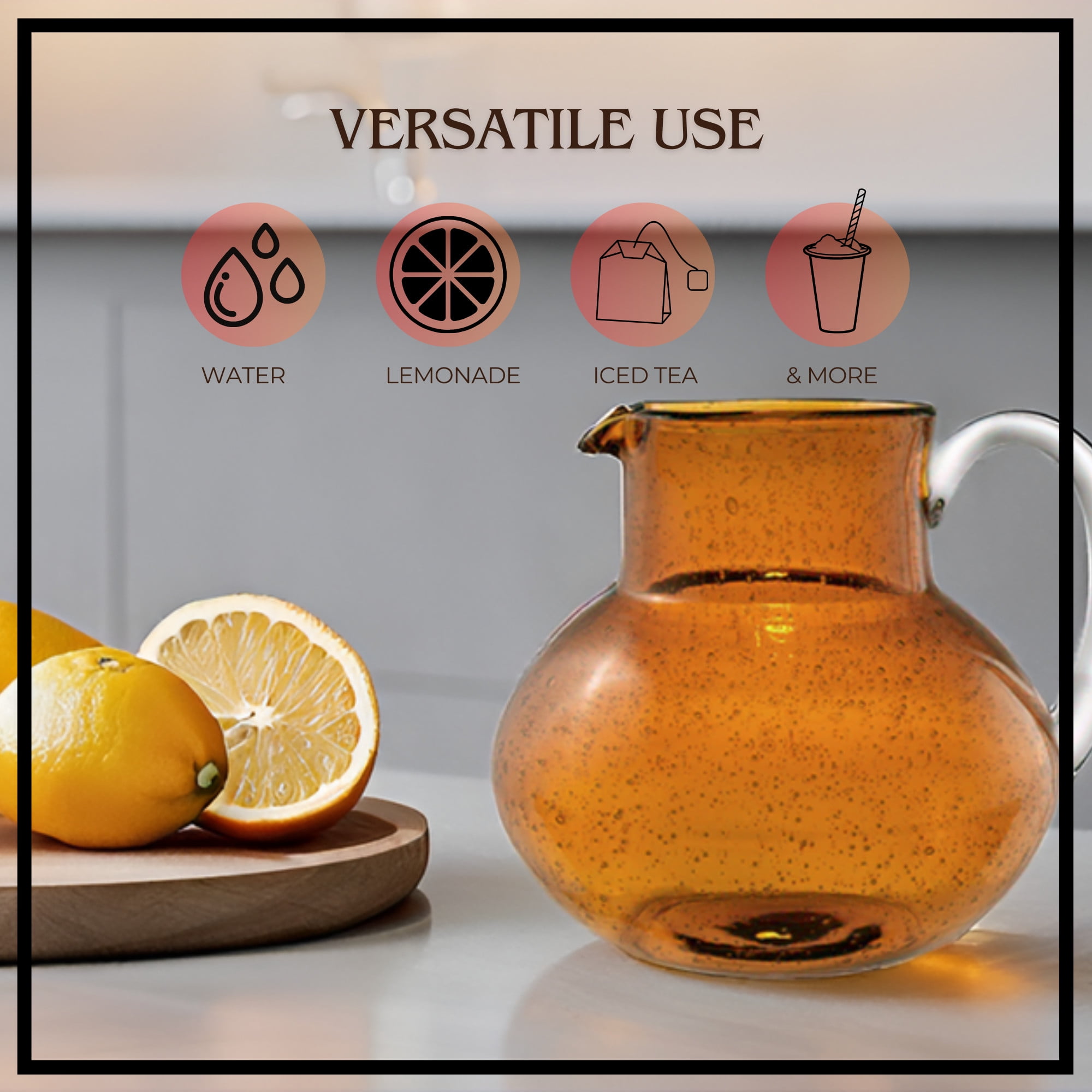 Artland Iris 90 Oz Handblown Glass Pitcher - Bubble Shape, Lead-Free - Versatile Drink Dispenser for Water, Juice, Cocktails - Enhanced Kitchen Decor, Dishwasher Safe (Amber)