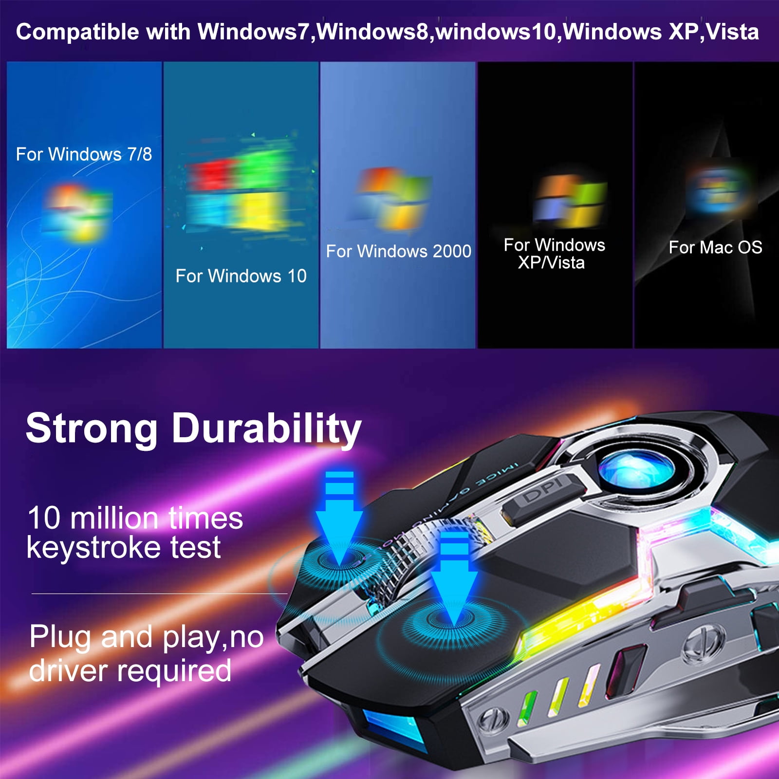 Wireless Gaming Mouse, 2.4G Wireless Rechargeable PC Computer Mouse with 7 Buttons, 3 Adjustable Levels DPI Up to 2400DPI, 7 Colorful LED Lights, Ergonomic Optical Mice for Notebook, PC, Computer, Mac