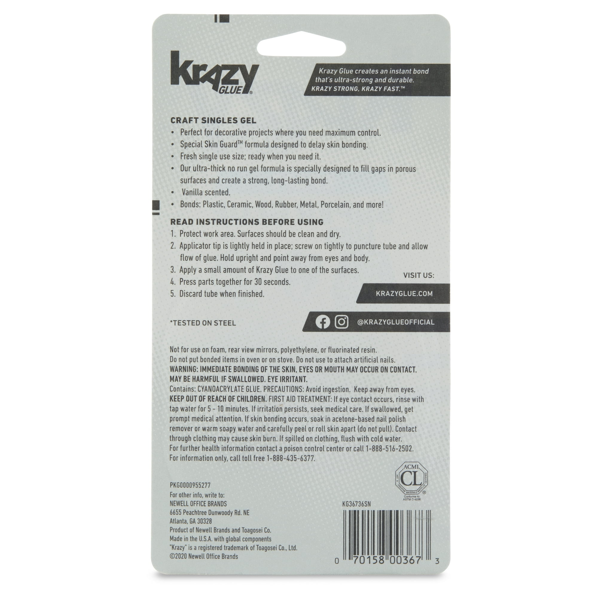Krazy Glue Craft Super Glue Gel, Mini Singles, Fine Tip, 3g, 4 Count