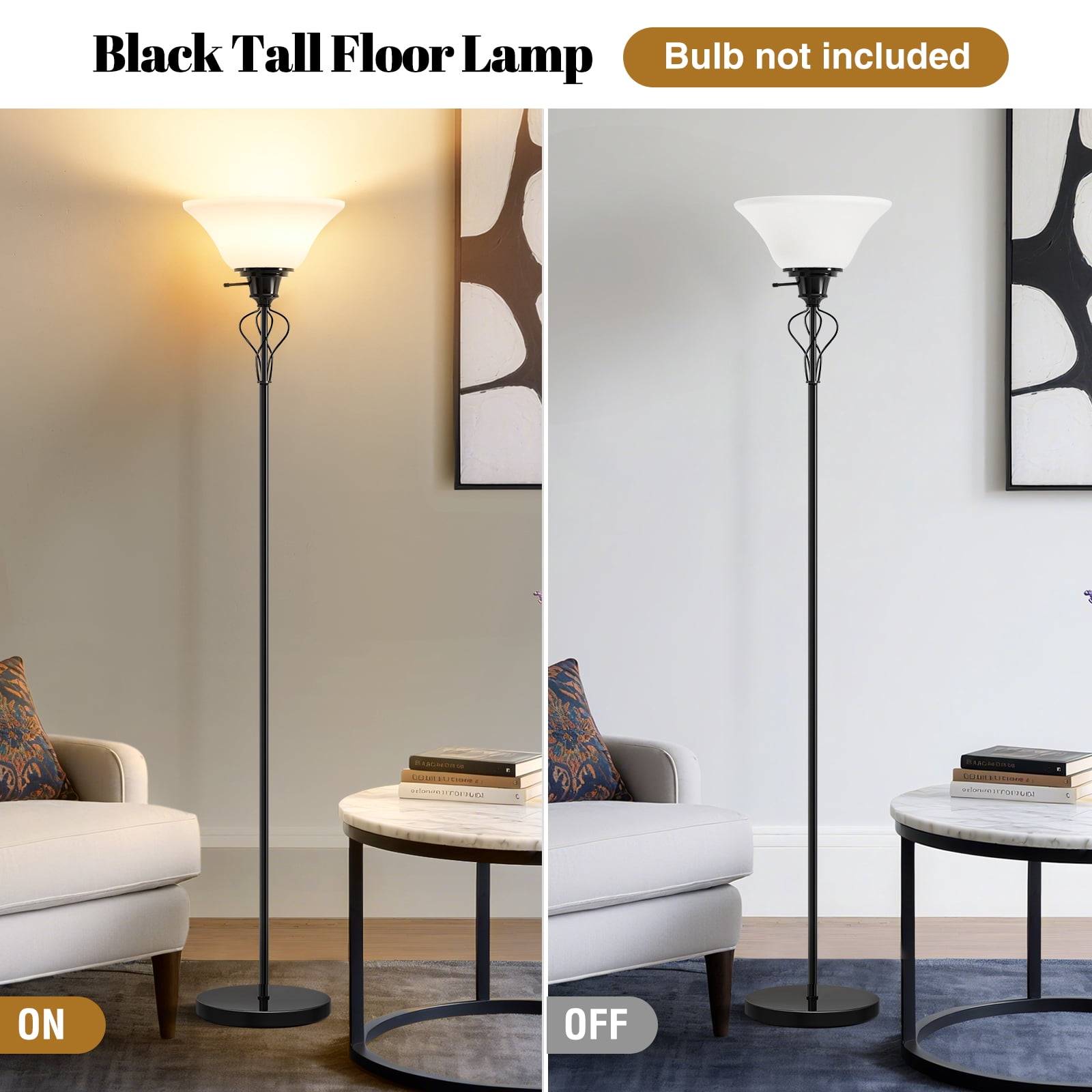 NATYSWAN Floor Lamp for Living Room,70in Black Standing Lamps with Sturdy Metal Base and White Lampshade,Modern Torchiere Tall Lamp for Bedroom Office,Rotary Switch