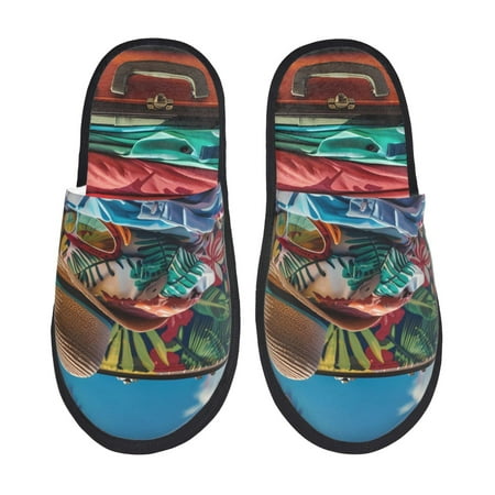 

Qekee Tropical Vacation Essentials Print Furry Slippers for Women and Men House Slipper Funny Bedroom Slippers Indoor -Large