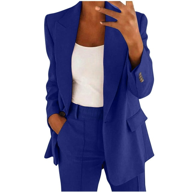 BYHONG Women Two Piece Pants Set Lapels Business Long Sleeve Button Formal Blouses Womens Pant Suits Blue L