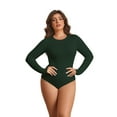 thumbnail image 2 of POSESHE Women's Plus Size Long Sleeve Bodysuit,Slim Fit Crew Neck Tops Cotton Bodysuit for Women,Dark Green,Size L, 2 of 8