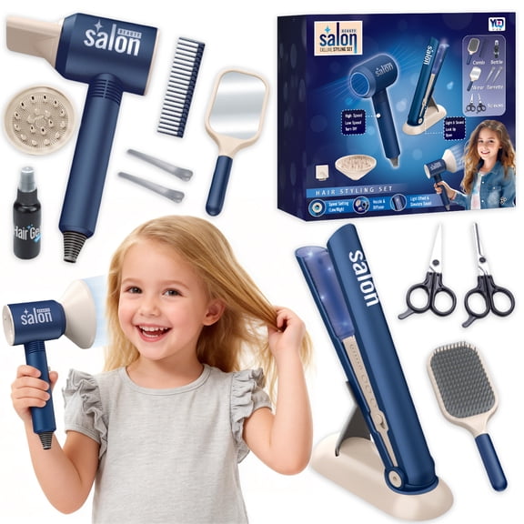 Aijohnny Kids Pretend Play Hair Salon Set, Beauty Styling Accessories Kit with Hairdryer & Straightener, Birthday Gifts for Kids 3-5 5-8 8-12 Year Old