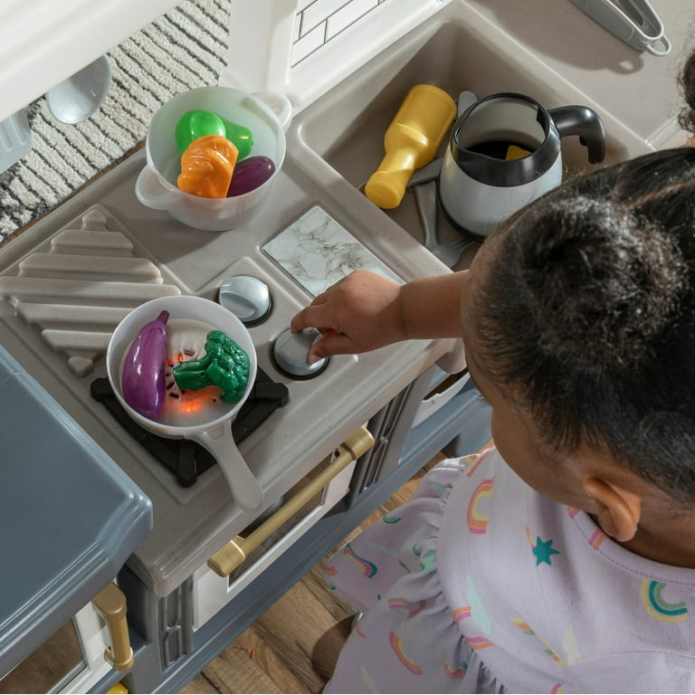 Step2 Gilded Gourmet Kitchen Playset For Kids Includes 20 Plus Toy Kitchen  Accessories Interactive Features For Realistic Pretend Play White Blue Gray  Modern Farmhouse Style Play Kitchen