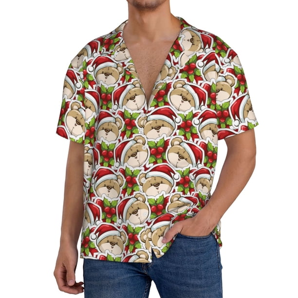 Fotbe Christmas Hat bear Camisa Estampada de Manga Corta para Hombre, Casual de Verano, Estilo Playero, Sin Arrugas-4X-Large