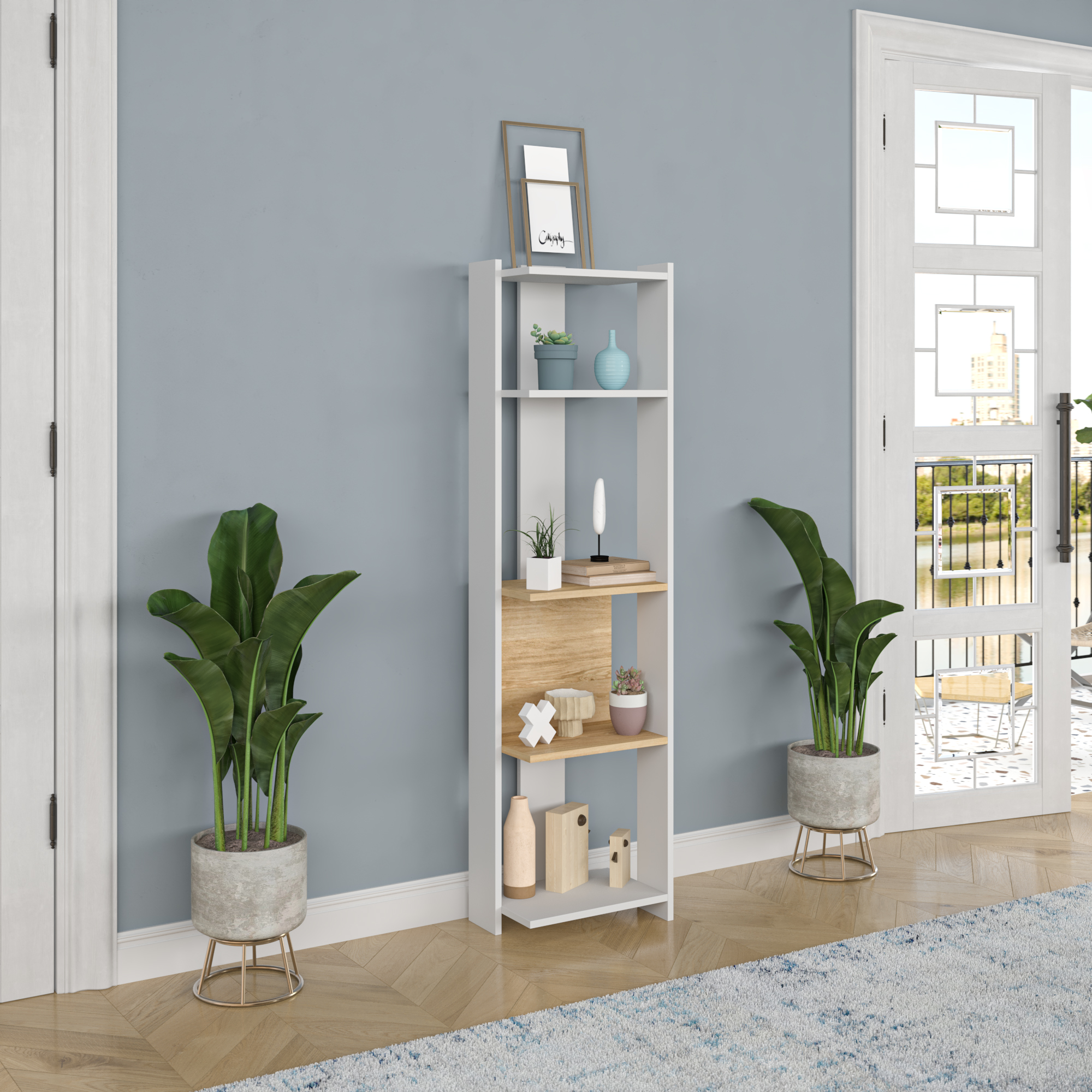 Ada Home Decor Abis 4 Tier Open Shelf Narrow Modern Bookcase, Oak/White