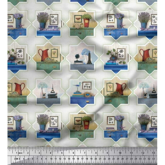 Soimoi Rayon Crepe Fabric Frame,Jug & Flower Pot Patchwork Printed Craft Fabric by The Yard 46 Inch Wide