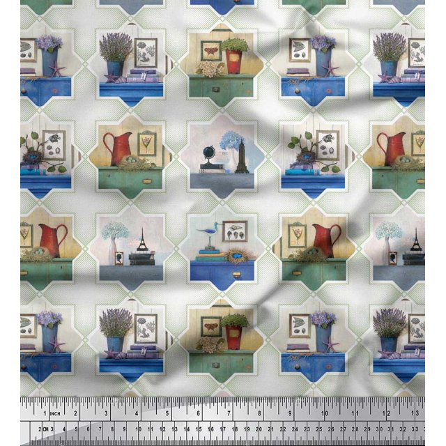 Soimoi Poly Georgette Fabric Frame,Jug & Flower Pot Patchwork Print Fabric by Yard 52 Inch Wide