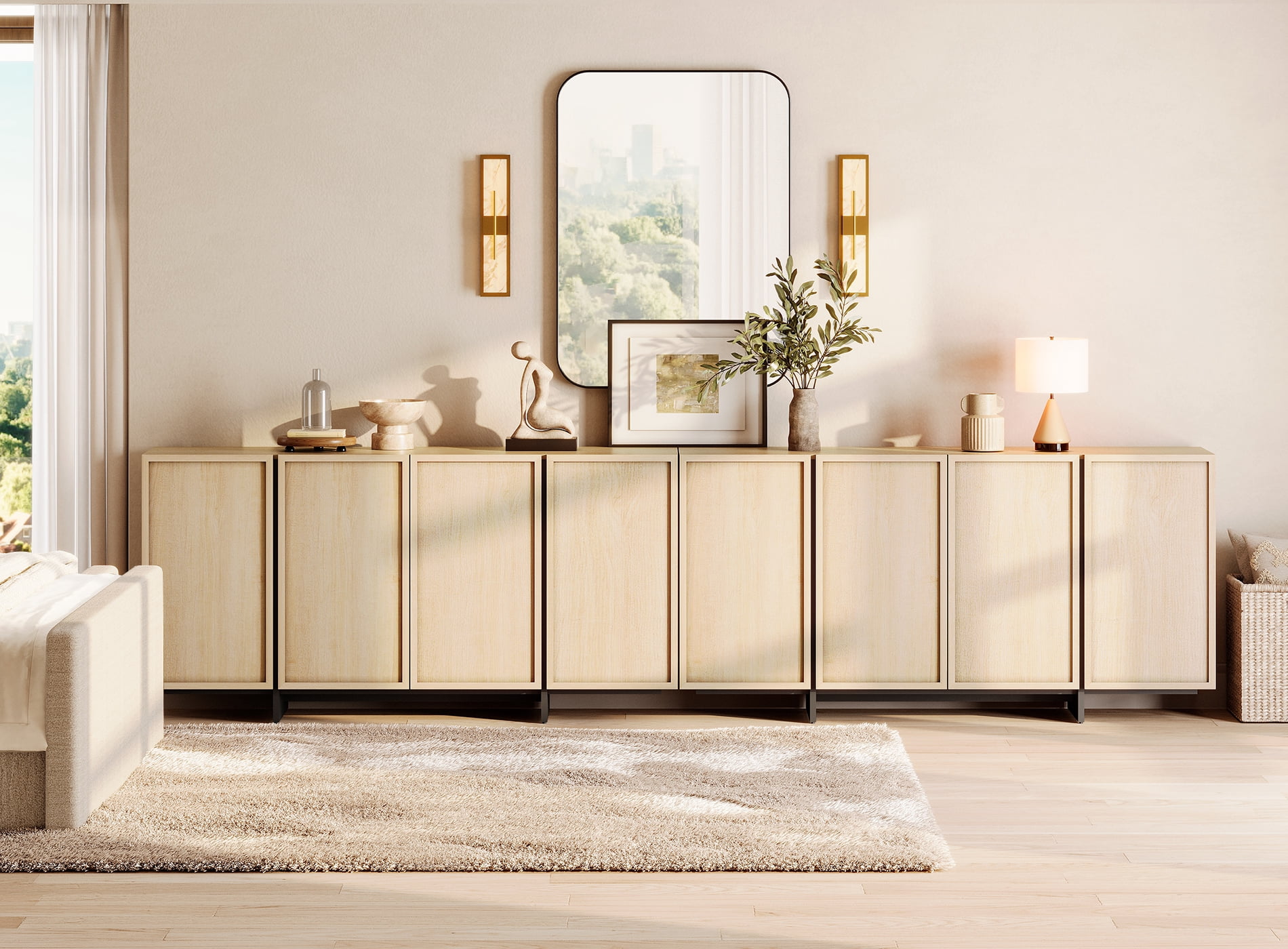 WAMPAT Modern Sideboard Buffet Cabinet with 6 Large Storage Cabinets, Coffee Bar Cabinet with T-Shaped Legs for Living Room and Kitchen, Light Oak