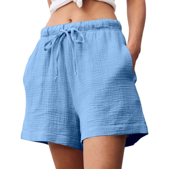 SGMVNU Women's Drawstring Shorts Elatic High Waist Loose Fit Casual Wide Leg Shorts Lightweight Summer Beach Linen Shorts with Pockets, Size XL, Light Blue