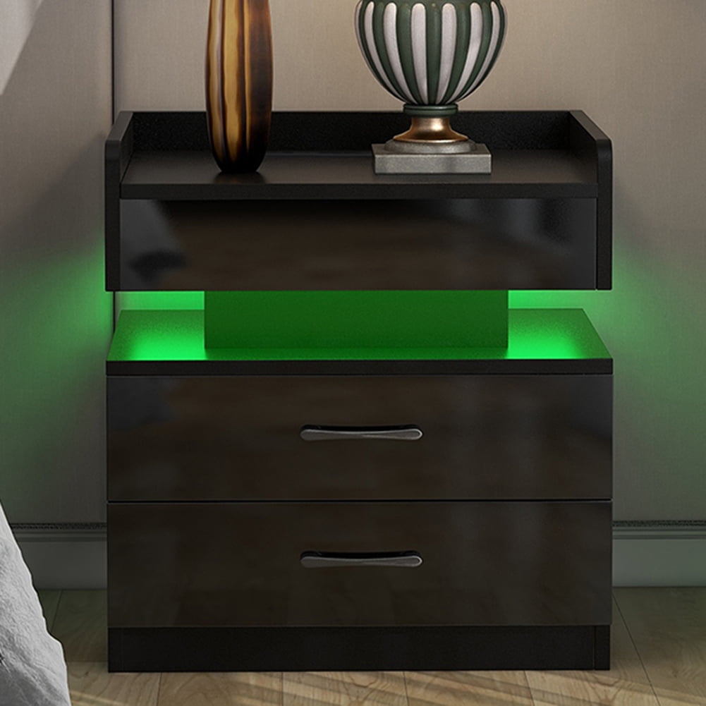 Kadyn LED Nightstand, Bedside Table with 2 Drawers and USB Charging Ports, Night Table with Wireless Charging and Remote Control LED Light, Black Kadyn LED Nightstand, Bedside Table with 2 Drawers and USB Charging Ports, Night Table with Wireless Charging and Remote Control LED Light, Black