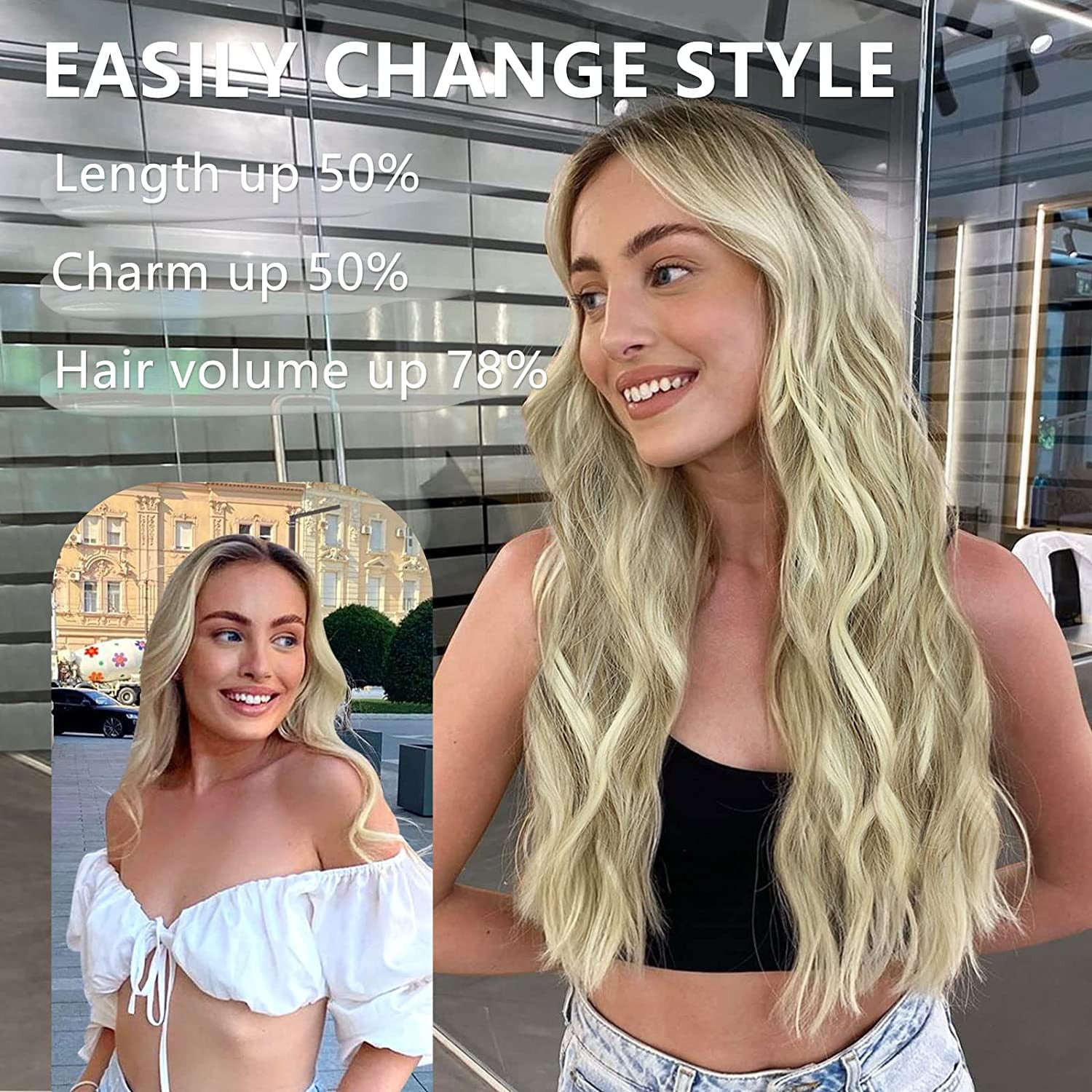 Clip in Long Wavy Synthetic Hair Extension 20 Inch Medium Ash Blonde 4PCS Thick Hairpieces Fiber Double Weft Hair for Women
