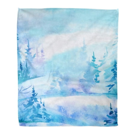 SIDONKU Throw Blanket Warm Cozy Print Flannel Blue Watercolour Winter Landscape Hand Drawn Watercolor Christmas Comfortable Soft for Bed Sofa and Couch 58x80 Inches