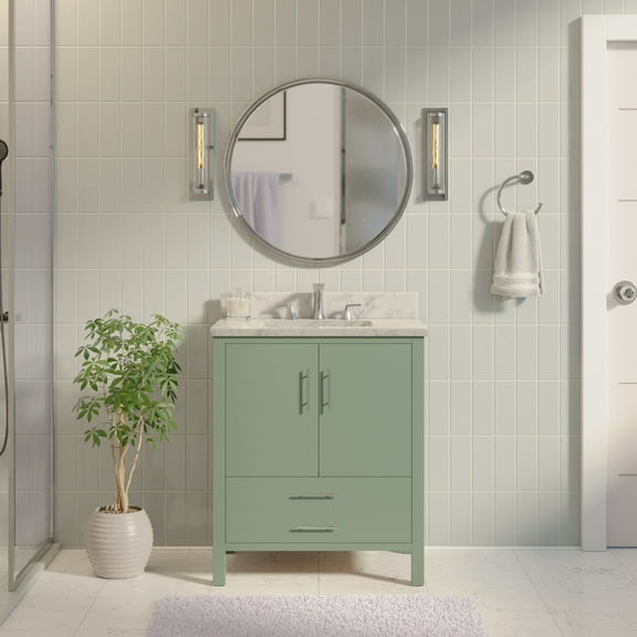 California 30" Bathroom Vanity with Sage Green Cabinet and Carrara Marble Top