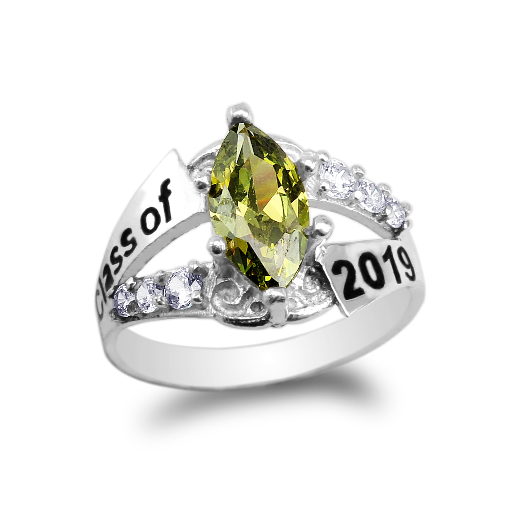 925 Sterling Silver Graduation Class of 2019 School Ring with 1.25ct Green Marquise CZ Size 4-10