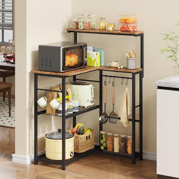 L-Shaped Bakers Rack with Storage, 4 Tiers Microwave Stand with Shelves & 9 Hooks, Small Coffee Bar for Corner, Freestanding Kitchen Appliance Organizer for Spices, Pots, Rustic Brown