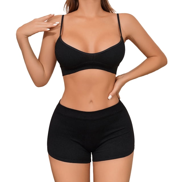 Gibobby Pijamas para mujer Ropa de dormir sólida para mujer, conjunto de pantalones cortos sin mangas de realce Sexy de dos piezas, traje de dormir(Negro,CH)