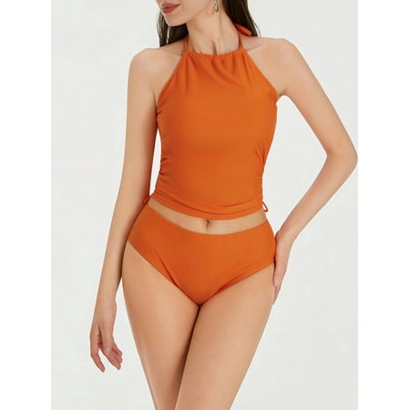 Women 2pcs Bikini Set Halter Neck Sleeveless Backless Crop Top + Panties Swimwear Swimsuit Summer Beachwear