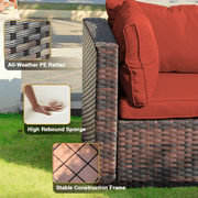 Gaildon 7 Piece Patio Furniture Set with Fire Pit Table, All Weather Outdoor Sectional PE Rattan, Patio Conversation Sets with Cushions for Garden Lawn Balcony Porch Deck, Red