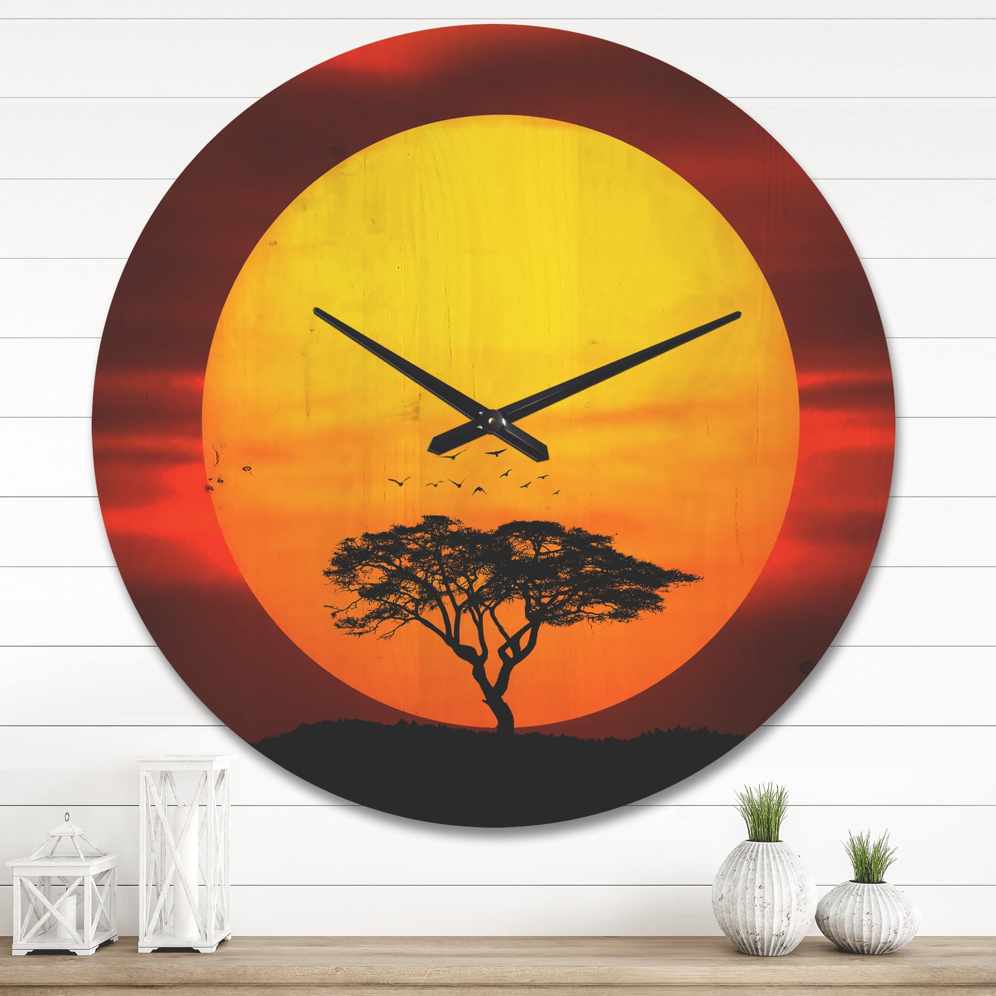 Designart 'Lonely Tree With Birds at Evening Glow' Modern Wood Wall Clock