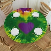 JEUXUS Purple Heart Tie Dye Round Tablecloth, Elastic Table Cover Fitted Round,Retro Colorful Boho Reusable Polyester for Kitchen Dinning Party Patio Home Outdoor Decor