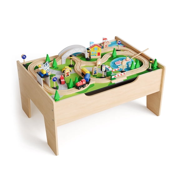 78 Piece 4-in-1 Wooden Train Table for Toddlers & Kids, Multipurpose Activity Play Set with Reversible Top, Tracks & Built-in Storage, Natural Wood