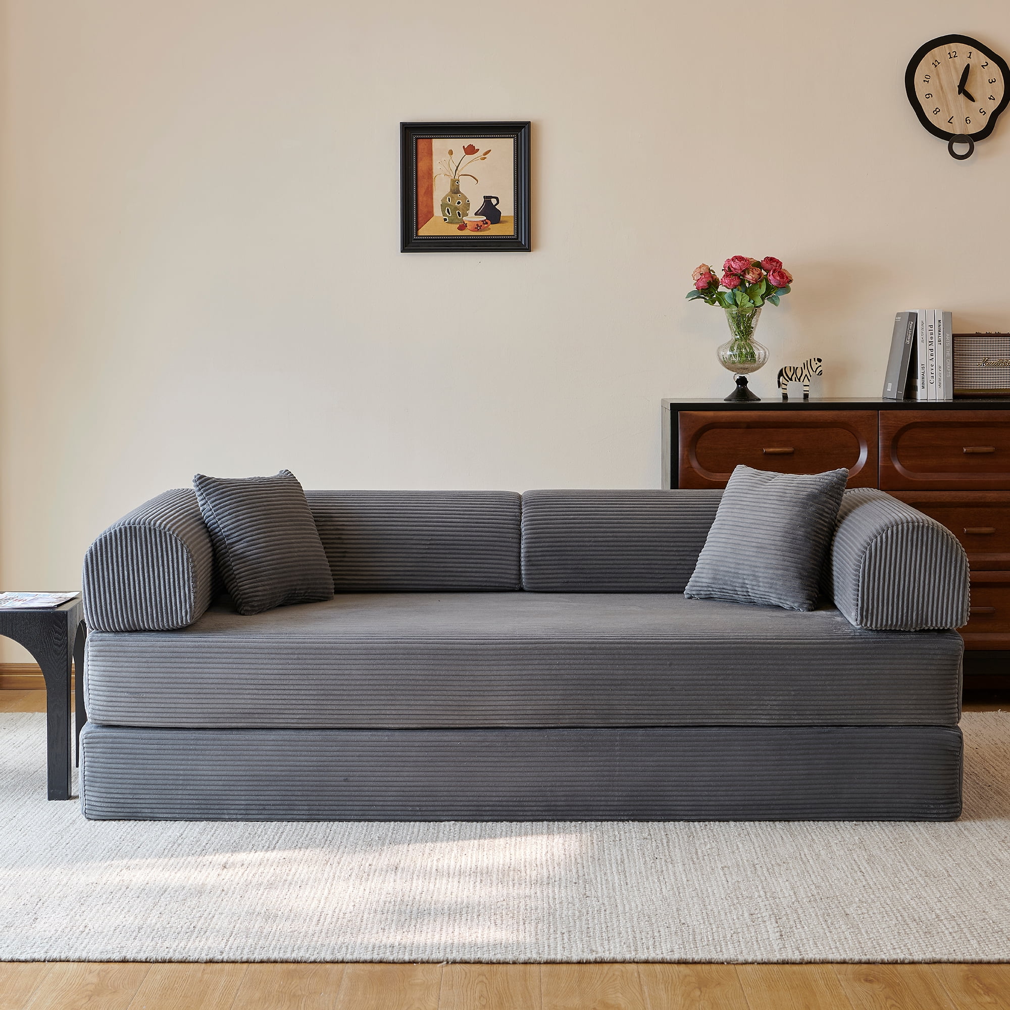 78" Convertible Sofa Bed, Corduroy Futon Pull Out Couch Folding Mattress Floor, No Assembly Boneless Sleeper Sofa for Living Room, Grey