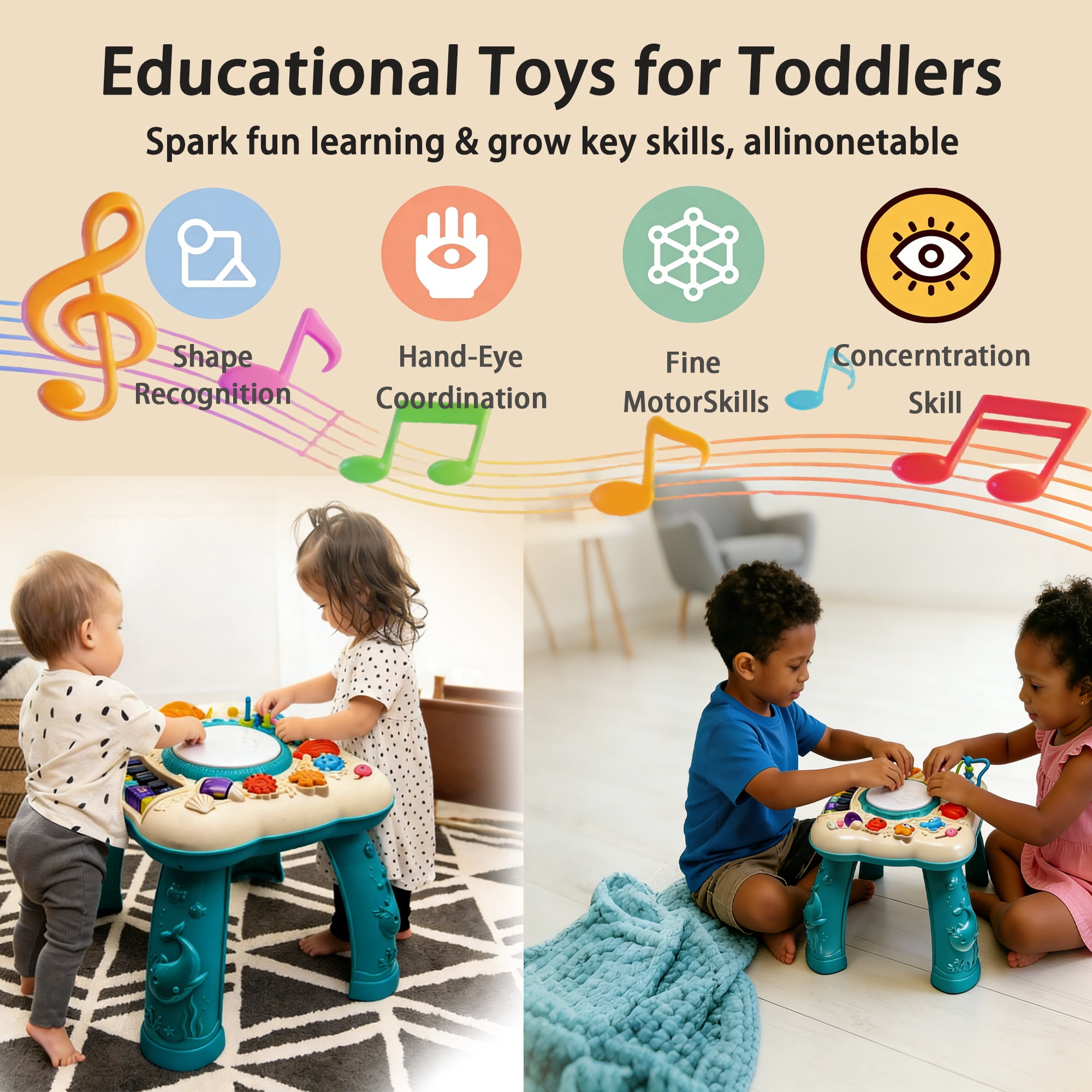 Yuyongr Musical Activity Tables for Baby, Infant Toddler Musical Learning Activity Table Interactive Toys With Lights And Music For 18M+ Boys Girls Preschool Gifts,Green