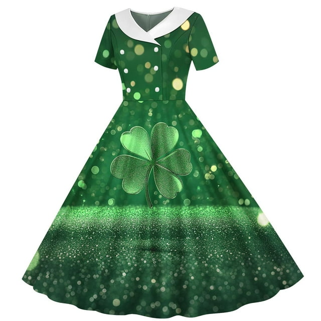 MKOSPLRT Robe de Fête de la Saint-Patrick pour Filles Robe de Bal 5-14 Ans Manches Courtes Vintage Robe de Cocktail Robe Trèfle Amusante