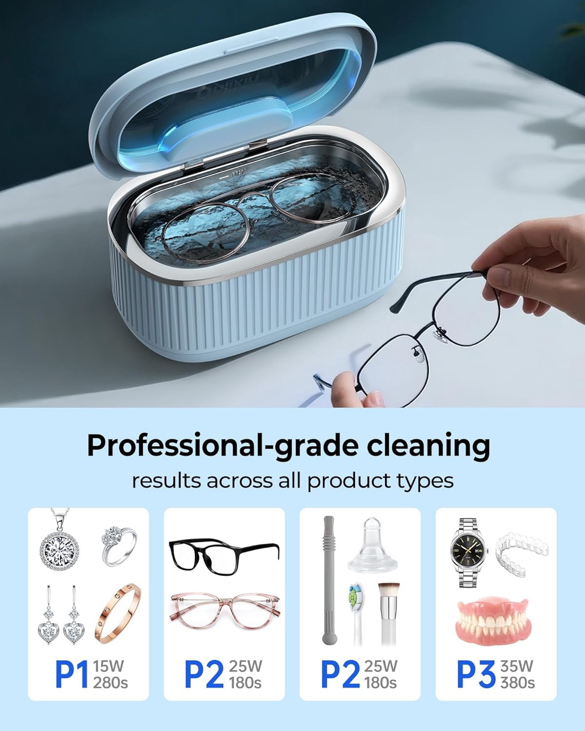 Ultrasonic Jewelry Cleaner 35W 45KHz – for Retainers, Eyeglasses & Dentures, 20oz 304SS Tank, 5 Timer Modes (Blue)