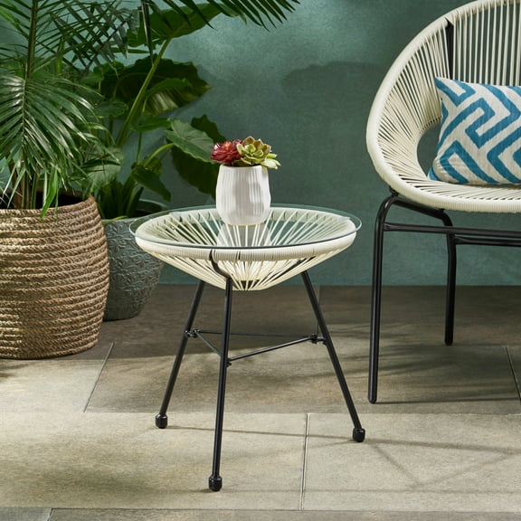 White Tempered Glass Side Table - Modern Outdoor Rattan Accent Table with Iron Legs