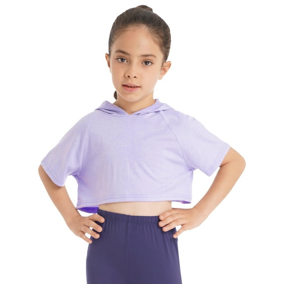 DPOIS Kids Girls Short Sleeve Hooded Crop Top T-shirt Hip Hop Dance Tops Lavender 14